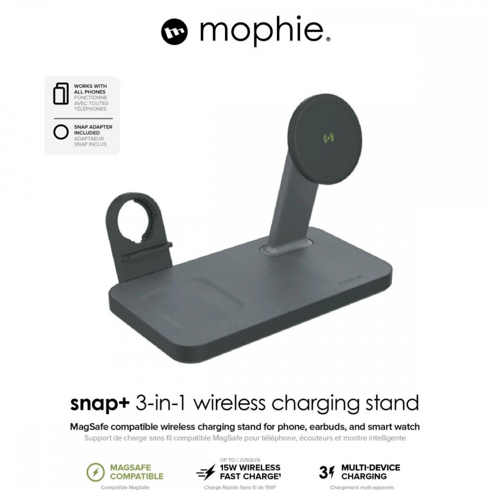 Mophie Snap+ 3 in 1 Charging Stand Οικιακός Μαγνητικός ταχυφορτιστής ισχύος 15W σε χρώμα γκρι