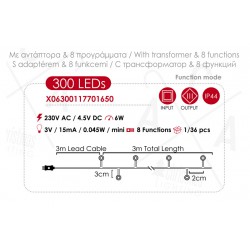 Fairy Lights 300 CLUSTER LED Λαμπάκια σε Σειρά Ρεύματος , Ασημί Καλώδιο Χαλκού Και 8 Προγράμματα, Θερμό Λευκό 3m+3m 6W IP44 - ACA Christmas