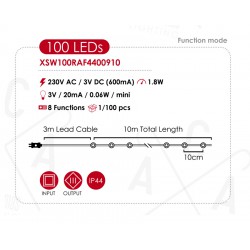 Fairy Lights 100 LED Λαμπάκια σε Σειρά Ρεύματος , Ασημί Καλώδιο Χαλκού Και 8 Προγράμματα, Κόκκινο 10m+3m 1,8W IP44 - ACA Christmas