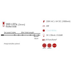 Fairy Lights 200 LED Λαμπάκια σε Σειρά Ρεύματος , Ασημί Καλώδιο Χαλκού Και 8 Προγράμματα, Ψυχρό Λευκό 20m+3m 6W IP44 - ACA Christmas