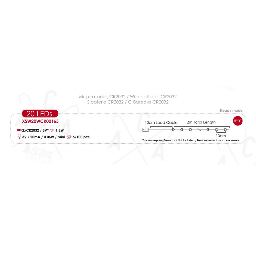 Fairy Lights 20 LED Λαμπάκια Μπαταρίας Σε Σειρά , Ασημί Καλώδιο Χαλκού, Ψυχρό Λευκό 2xCR2032 2m 1,2W IP44 - ACA Christmas