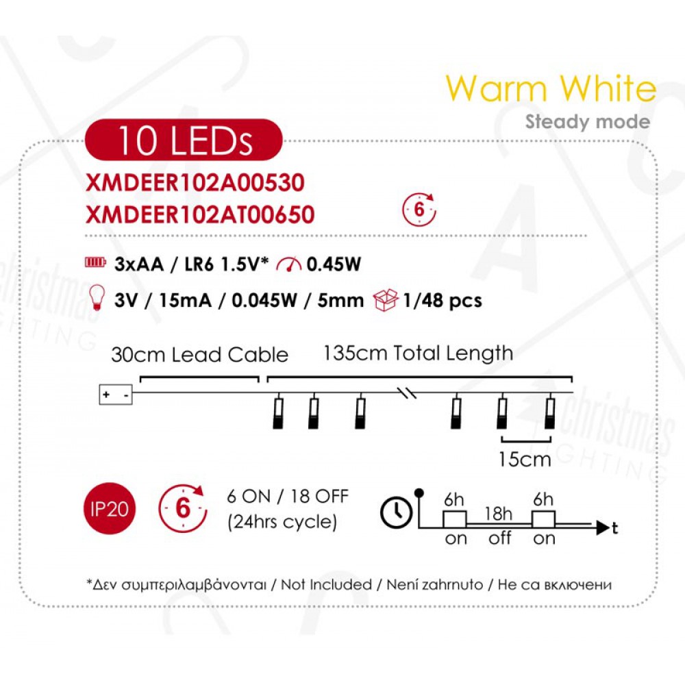 10 Θερμά Λευκά LED Μπαταρίας Με Ελάφια Και Με Χρονοδιακόπτη - IP20 135+30cm Διάφανο Καλώδιο 3xAA - ACA