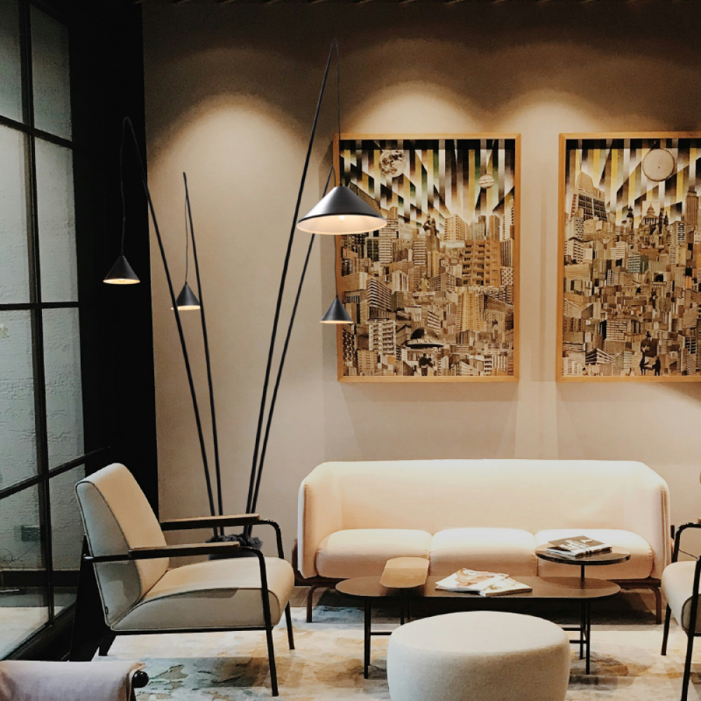 ΔΑΠΕΔΟΥ 4ΦΩΤΟ ΜΑΥΡΟ ΜΕΤΑΛΛΟ ΚΑΙ ΡΗΤΙΝΗ D100 H250cm 4ΧE27 DELIA ACA