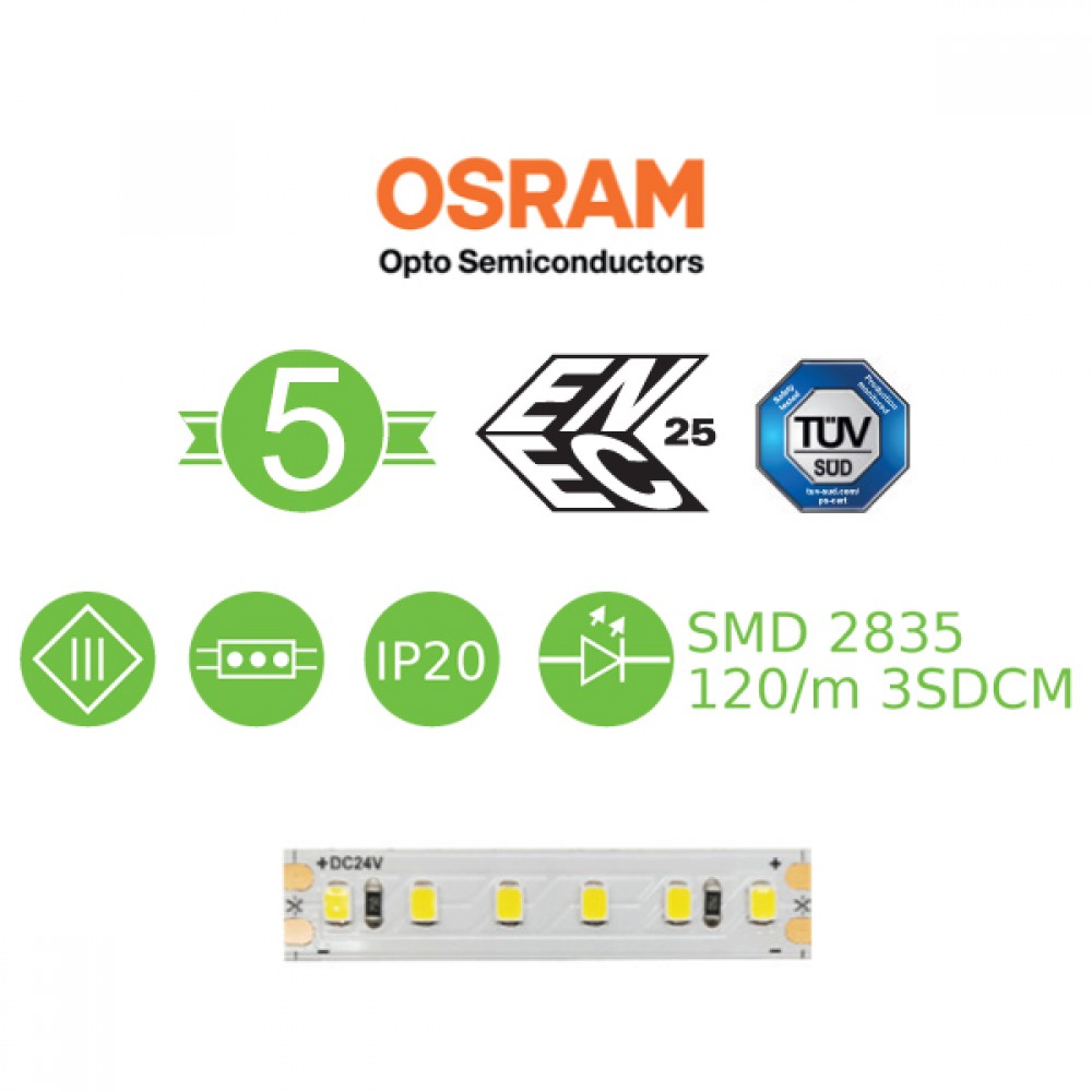 5 Μέτρα LED Ταινία 22W 24V DC IP20 Και OSRAM Chip Θερμό Λευκό 3000K - ACA