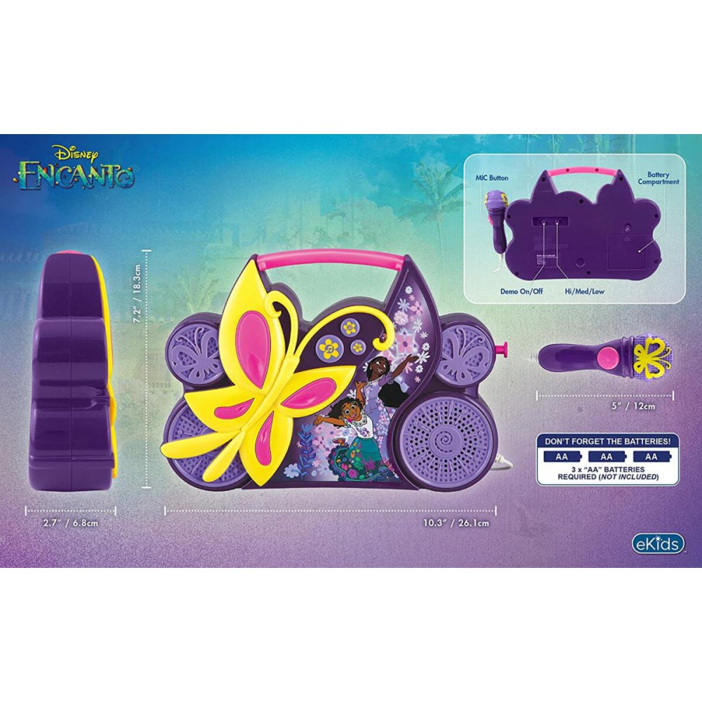 eKids Encanto Boombox Karaoke & Ενσύρματο Μικρόφωνο για παιδιά με ενσωματωμένη μουσική, φωτισμό, Sound Effects (EN-115) (Κίτρινο/Μωβ/Ροζ)