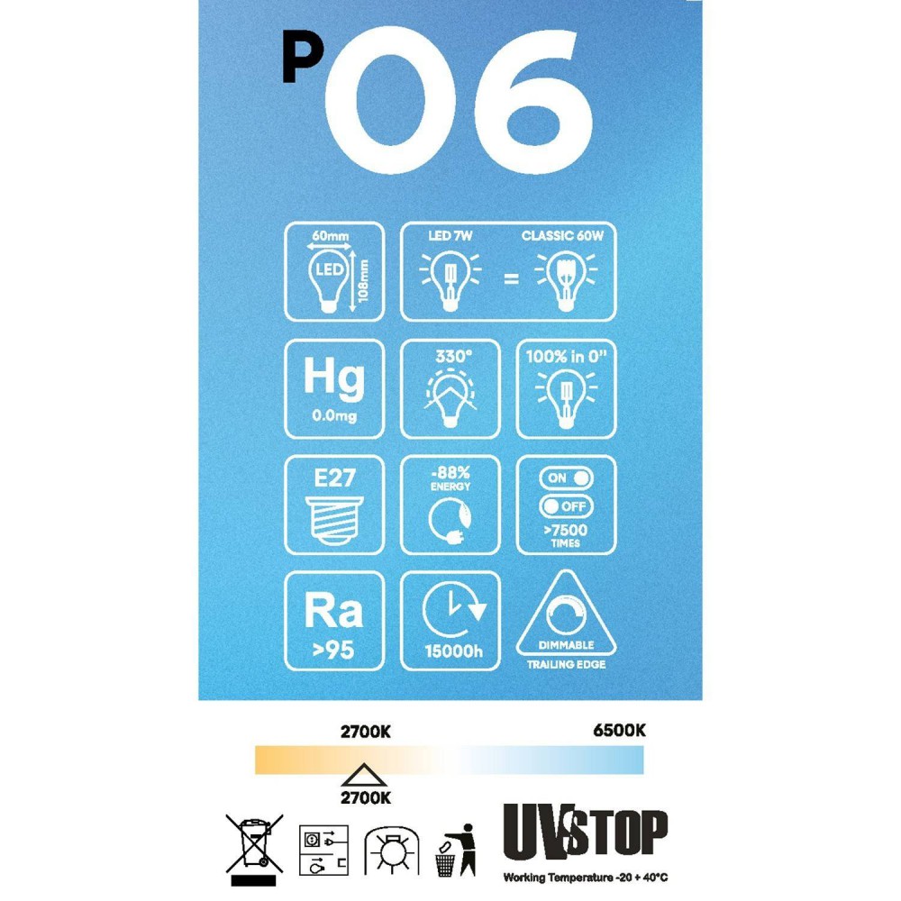 LED Λαμπτήρας Εφέ Πορσελάνης P06 CRI 95 Drop A60 7W 640Lm E27 2700K Dimmable - BB-P06