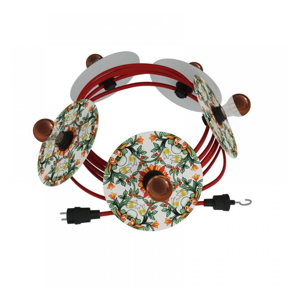 Γιρλάντα Lumet 'Maioliche' έτοιμη για χρήση, 7,5m υφασμάτινο καλώδιο πλακέ  με 5 ντουί, καπέλα φωτιστικών, γάντζο και φις - Majolica Κόκκινο-Πράσινο -  Creative Cables