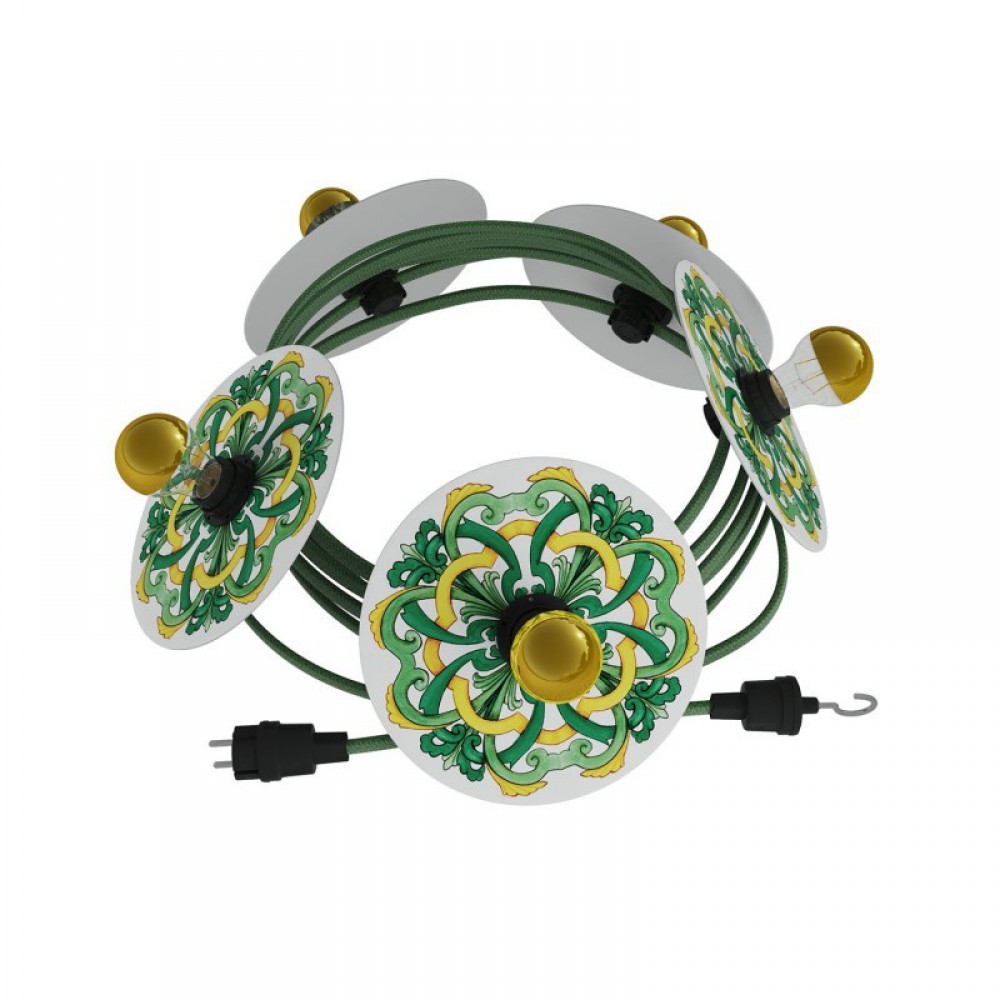 Γιρλάντα Lumet 'Maioliche' έτοιμη για χρήση, 7,5m υφασμάτινο καλώδιο πλακέ με 5 ντουί, καπέλα φωτιστικών, γάντζο και φις - Majolica Κίτρινο-Πράσινο - Creative Cables