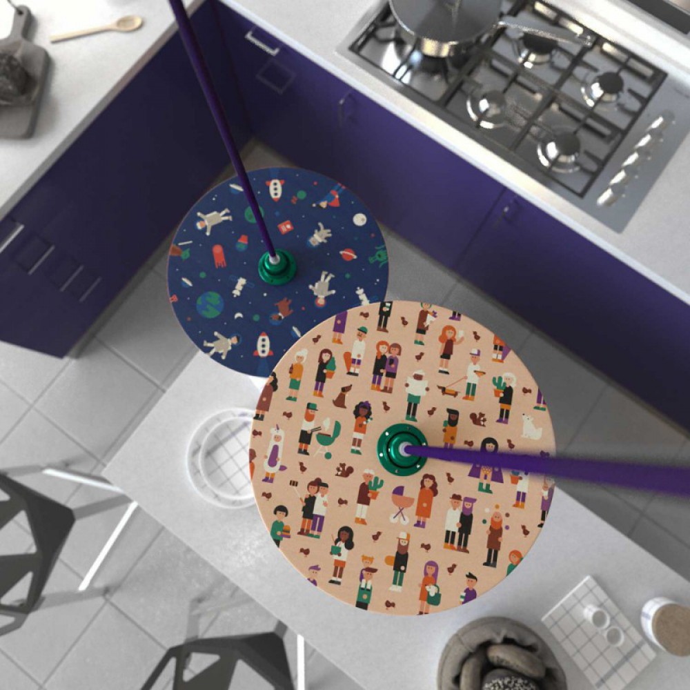 Κρεμαστό Φωτιστικό με Υφασμάτινο Καλώδιο και Ξύλινο Πιάτο UFO Εικονογραφημένο Από Καλλιτέχνες - Διακόσμηση Giulia Zoavo - Made in Italy - Creative Cables