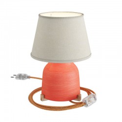 Κεραμικό Επιτραπέζιο Φωτιστικό Vaso με Καπέλο Impero, υφασμάτινο καλώδιο, διακοπτάκι και διπολικό φις Κοραλί - Γιούτα ανοιχτόχρωμο - Creative Cables