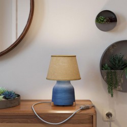 Κεραμικό Επιτραπέζιο Φωτιστικό Vaso με Καπέλο Impero, υφασμάτινο καλώδιο, διακοπτάκι και διπολικό φις Μπλε Ανοιχτό - Γιούτα φυσική - Creative Cables