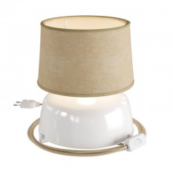 Κεραμικό Επιτραπέζιο Φωτιστικό Coppa με Καπέλο Athena, υφασμάτινο καλώδιο, διακοπτάκι και διπολικό φις - Λευκό Γυαλιστερό - Γιούτα φυσική - Creative Cables
