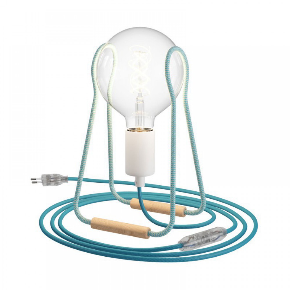 Επιτραπέζιο Φωτιστικό Tache Wood Με Υφασμάτινο Καλώδιο Διακοπτάκι Και Διπολικό Φις Μπλε με Τιρκουάζ - Creative Cables