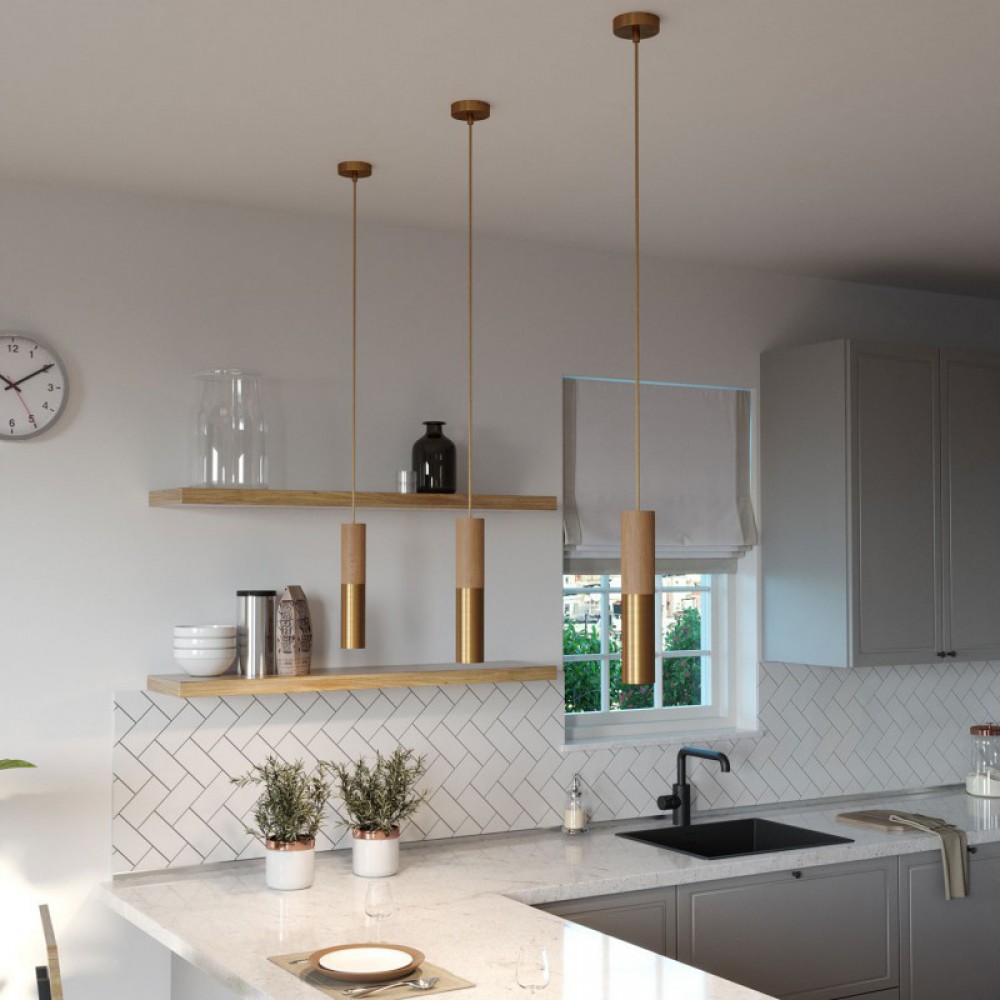 Κρεμαστό Φωτιστικό Σποτ Σωληνωτό Tub-E14 διπλό με Ξύλο και Μέταλλο Χρυσό Ματ - Made in Italy - Creative Cables