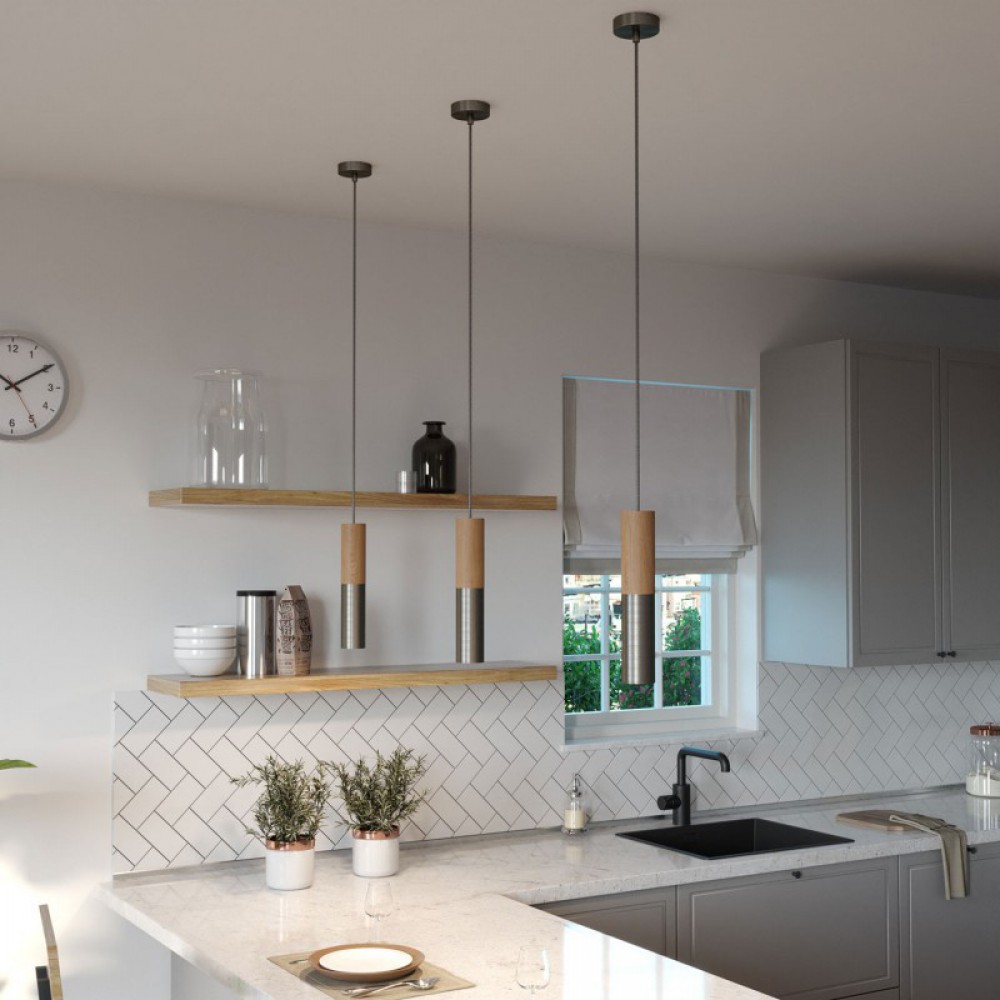 Κρεμαστό Φωτιστικό Σποτ Σωληνωτό Tub-E14 διπλό με Ξύλο και Μέταλλο Τιτάνιο - Made in Italy - Creative Cables