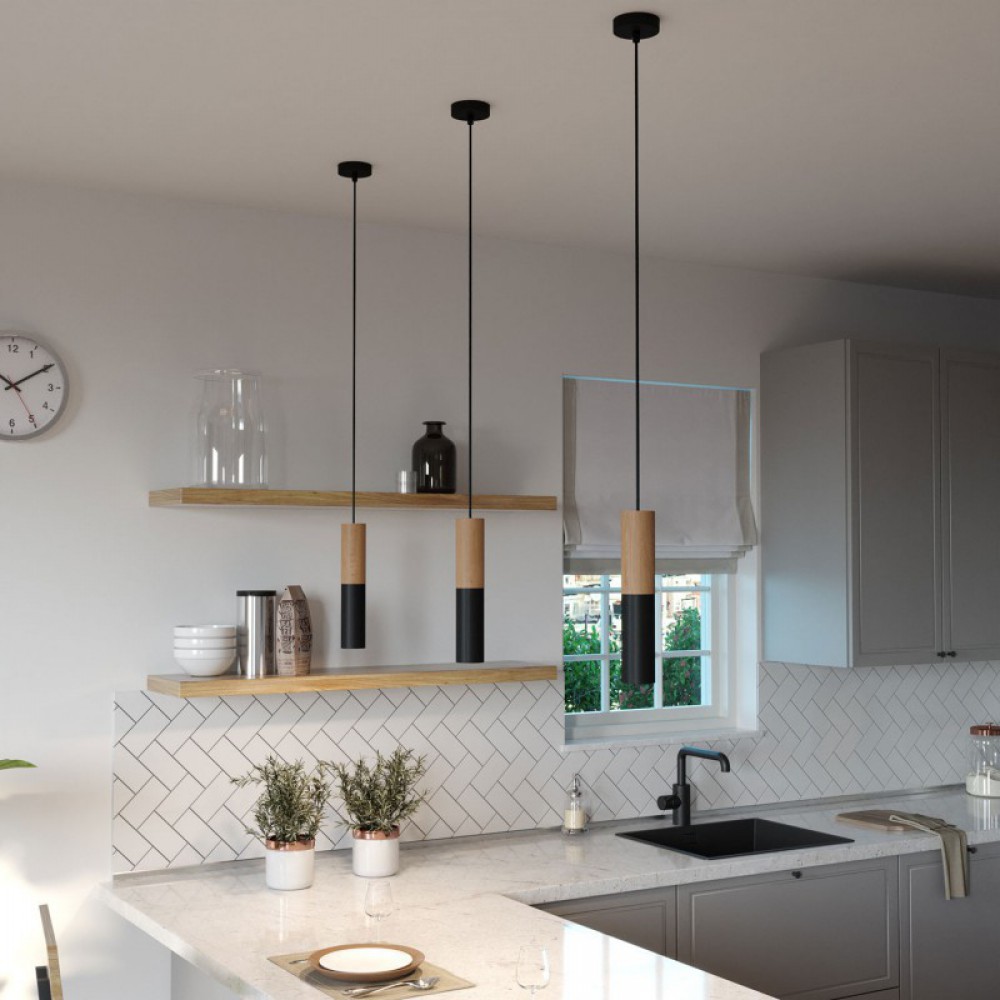 Κρεμαστό Φωτιστικό Σποτ Σωληνωτό Tub-E14 διπλό με Ξύλο και Μέταλλο Μαύρο - Made in Italy - Creative Cables