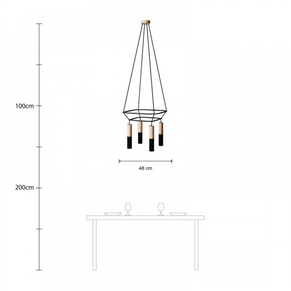 Κρεμαστό φωτιστικό 4φωτο Διπλό Cage Tub-E14 Φυσικό - Μαύρο 4xE14 - Creative Cables