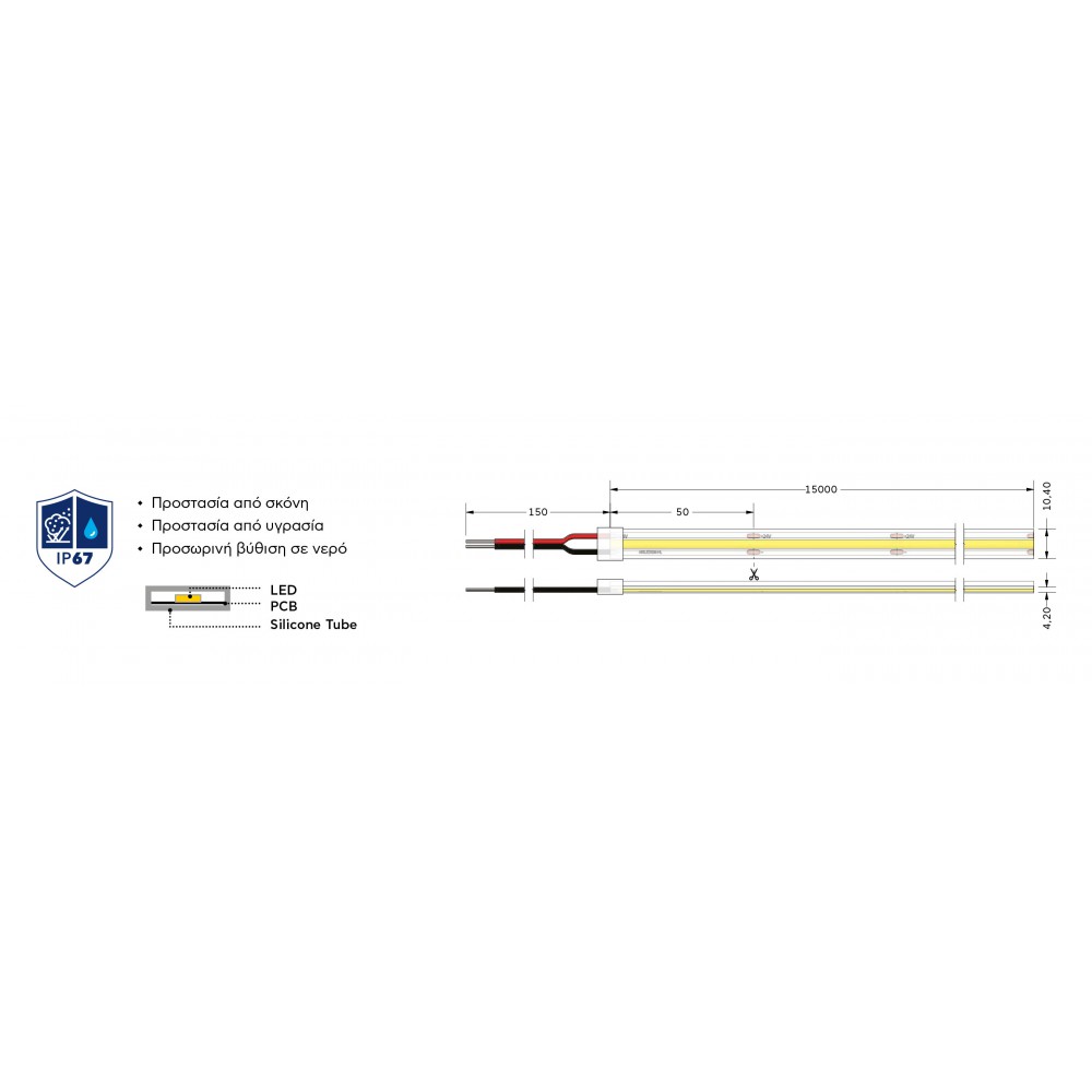 Ταινία LED TΩRA COB IC 7 Watt/m 24V CRI90 IP67 480 led/m 15m (8mm) 6000K - 15 μέτρα - CUBALUX