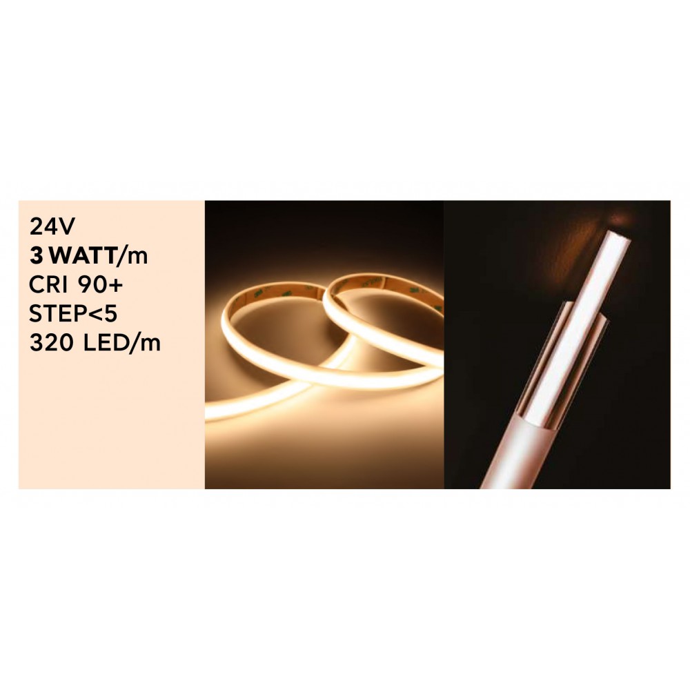 Ταινία LED TΩRA COB 3 Watt/m 24V CRI90 IP67 320 led/m 5m (10mm) 3000K - 5 μέτρα - CUBALUX