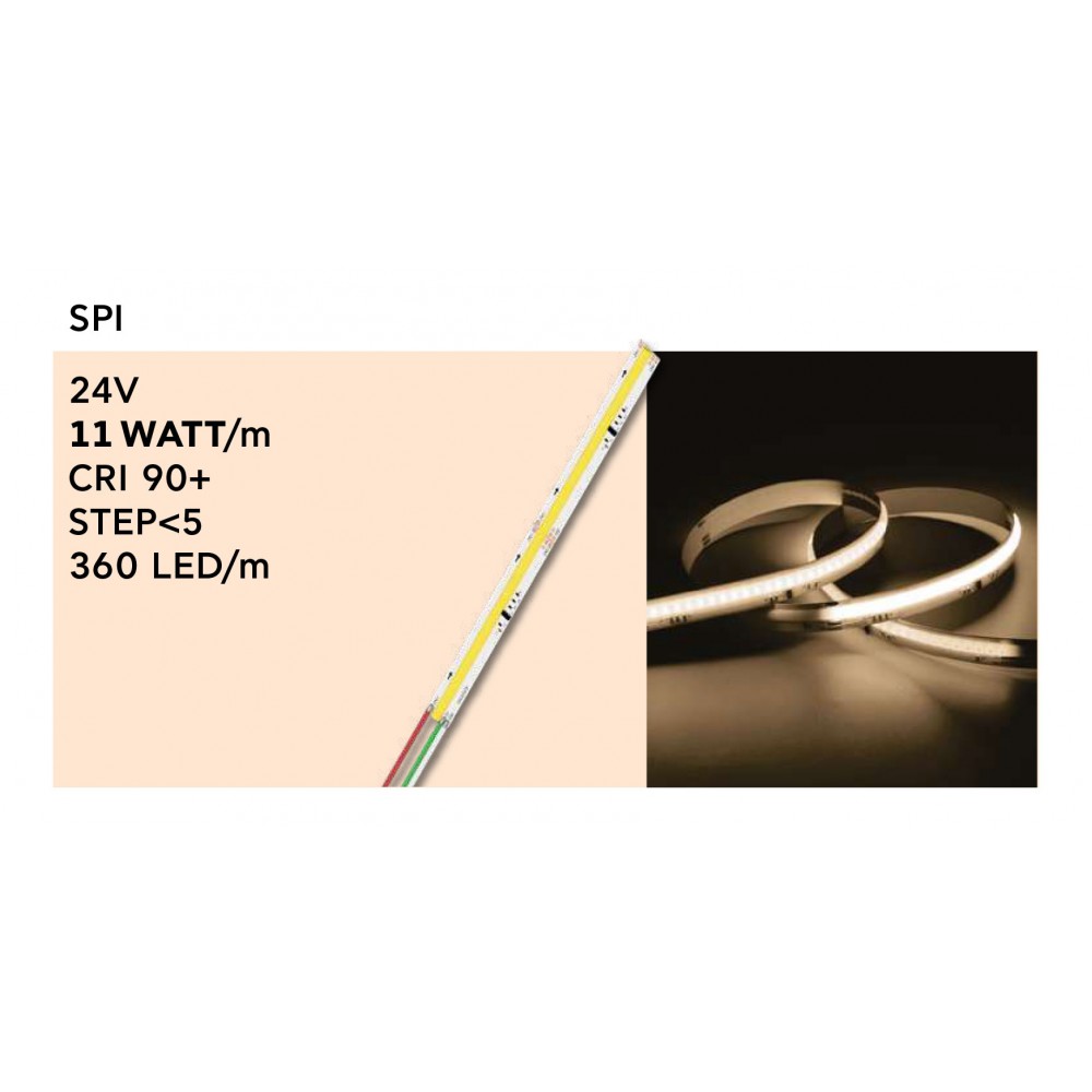 Ταινία LED TΩRA COB SPI 11 Watt/m 24V CRI90 IP20 360 led/m 5m (10mm) 2700K - 5 μέτρα - CUBALUX