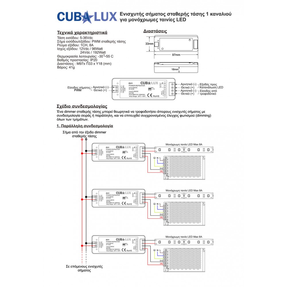 Ενισχυτής Σήματος 1 x 8A Για Μονόχρωμη Ταινία LED - Cubalux