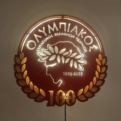 Custom LED Φωτιστικό τοίχου 100 Χρόνια Ολυμπιακός - Χειροποίητο Φωτιστικό Από Ξύλο 50×50×5cm