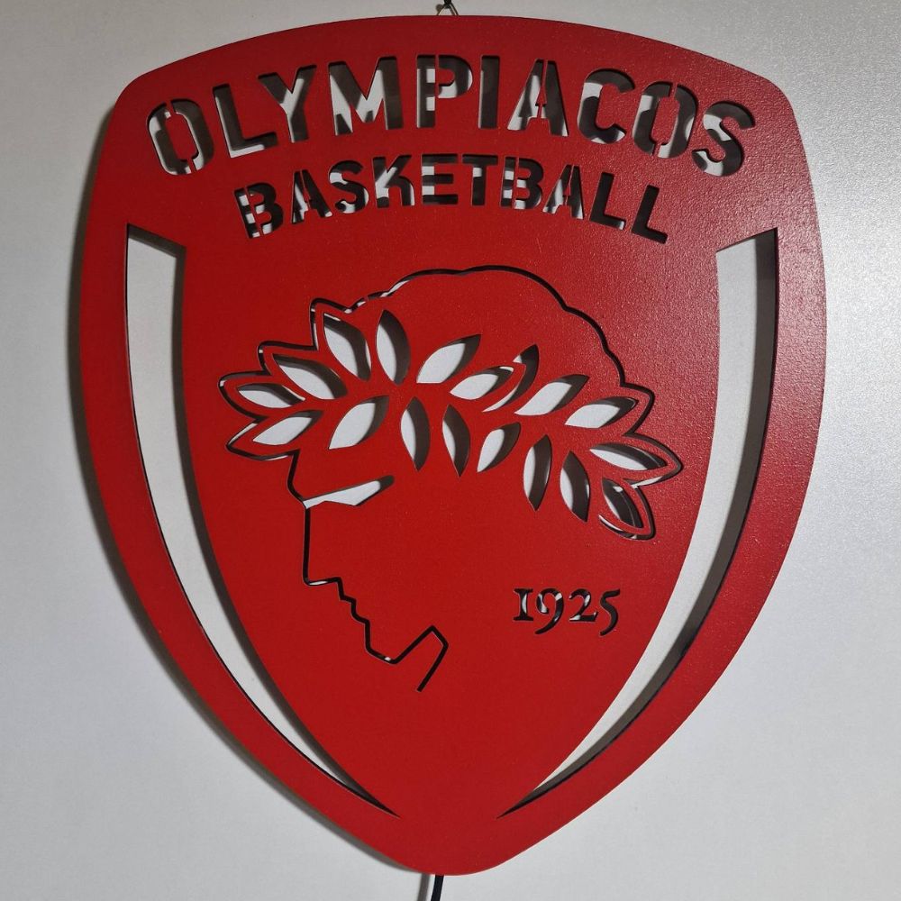 Custom LED Laser Cut Φωτιστικό τοίχου Olympiacos B.C. - Χειροποίητο Φωτιστικό Από Ξύλο 35×3×30 cm