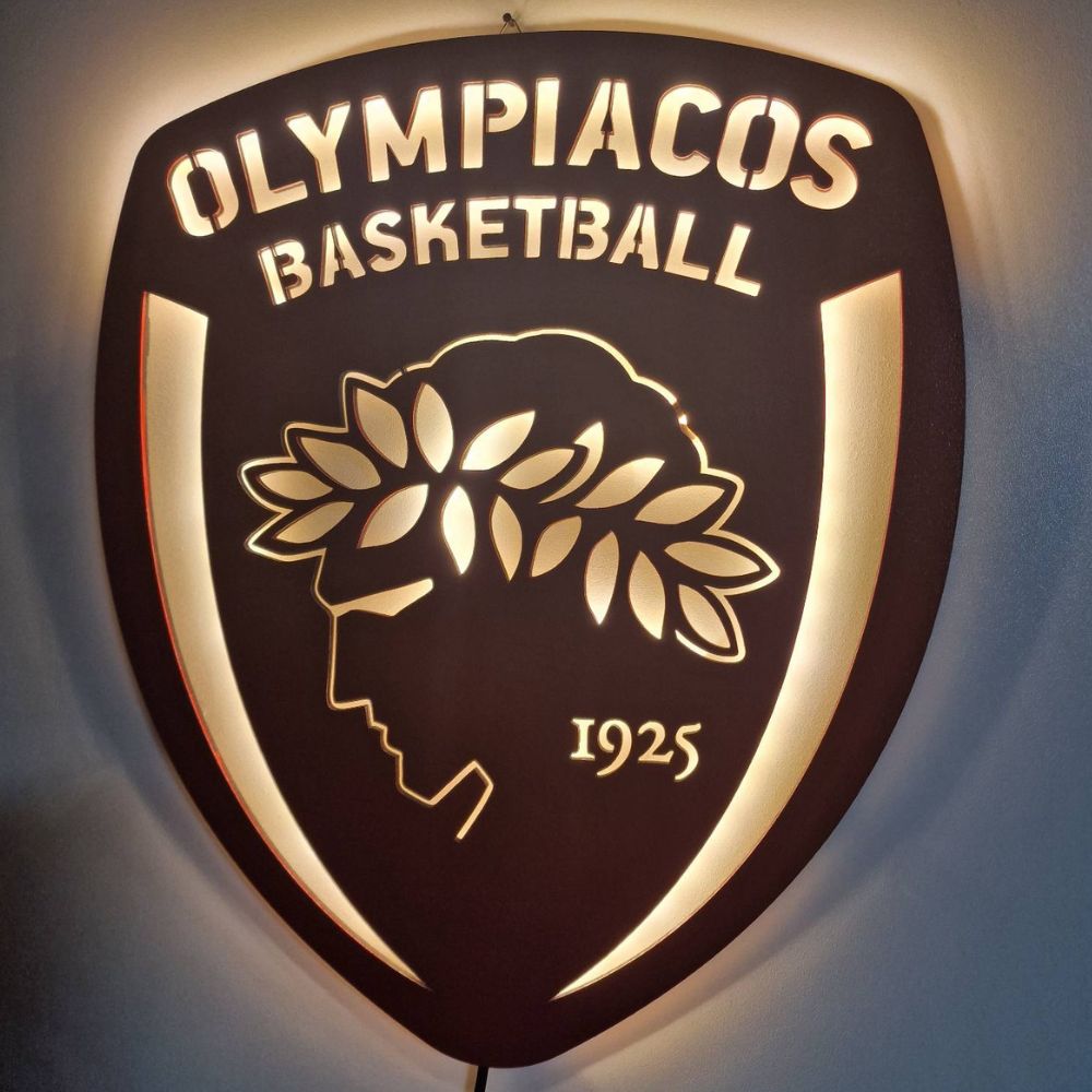 Custom LED Laser Cut Φωτιστικό τοίχου Olympiacos B.C. - Χειροποίητο Φωτιστικό Από Ξύλο 35×3×30 cm
