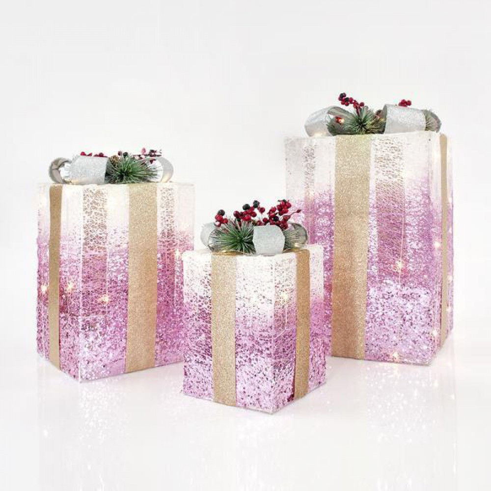 Κουτιά Δώρου Φωτιζόμενα, Με Λευκό-Ροζ Νήμα, ΣΕΤ 3ΤΜΧ 20CM/30CM/38CM - Magic Christmas