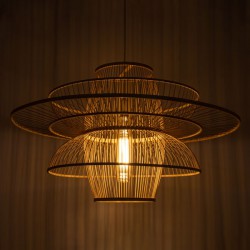 Vintage Κρεμαστό Φωτιστικό Οροφής Μονόφωτο Μπεζ Ξύλινο Bamboo Πλέγμα Φ100 x Y60cm