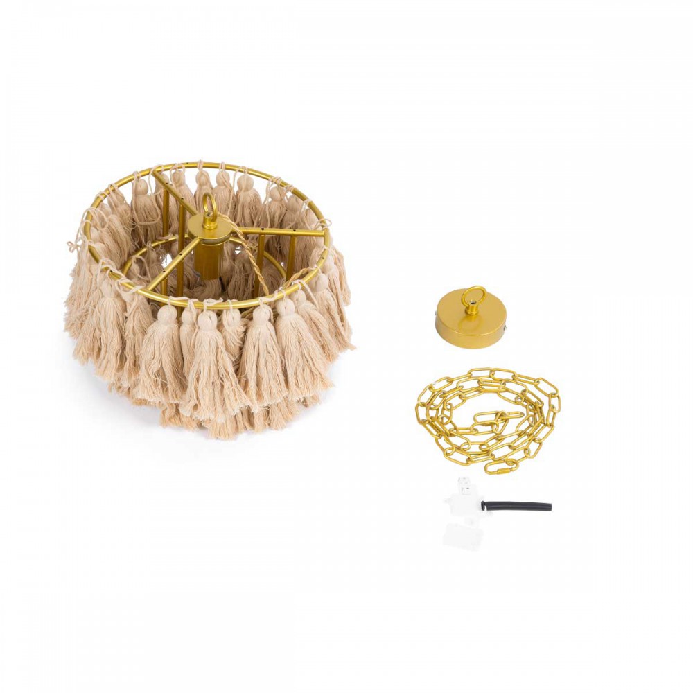 Boho Κρεμαστό Φωτιστικό Οροφής Μονόφωτο 1 x E27 AC220-240V IP20 - Φ30 x Υ40cm - Μπεζ Λεπτό Νήμα Βαμβακερό και Χρυσό Μεταλλικό Πλέγμα