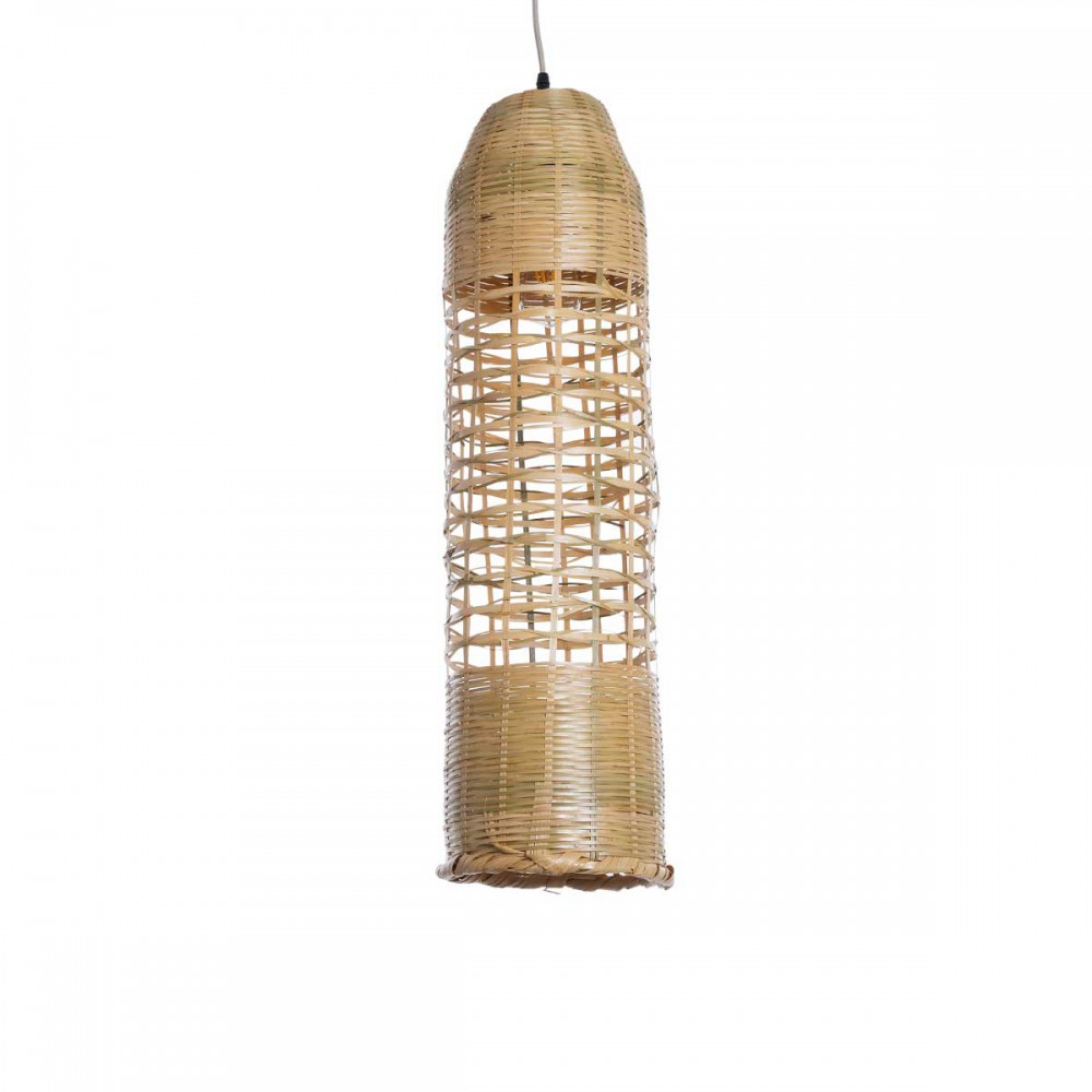 Boho Κρεμαστό Φωτιστικό Οροφής Μονόφωτο 1 x E27 AC220-240V IP20 - Φ20 x Υ80cm - Μπεζ Ξύλινο Μπαμπού Πλέγμα Καμπάνα