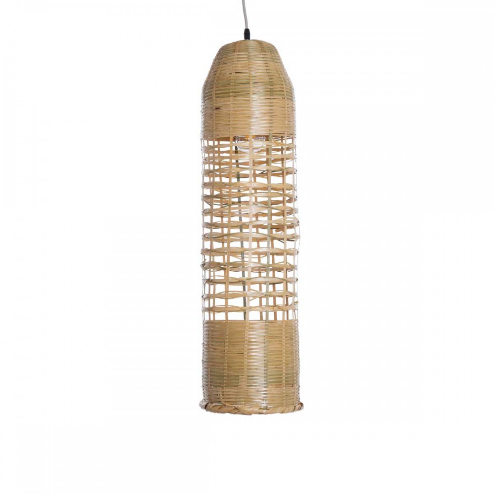Boho Κρεμαστό Φωτιστικό Οροφής Μονόφωτο 1 x E27 AC220-240V IP20 - Φ20 x Υ80cm - Μπεζ Ξύλινο Μπαμπού Πλέγμα Καμπάνα