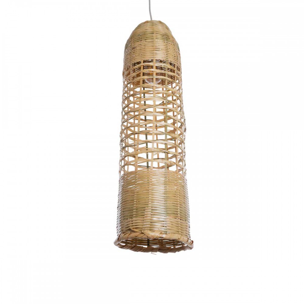 Boho Κρεμαστό Φωτιστικό Οροφής Μονόφωτο 1 x E27 AC220-240V IP20 - Φ20 x Υ80cm - Μπεζ Ξύλινο Μπαμπού Πλέγμα Καμπάνα