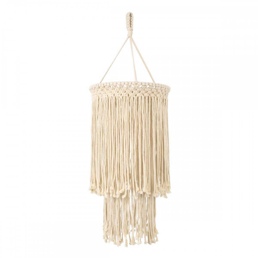 Καπέλο Φωτιστικού Boho - Μακραμέ Πλεκτό Χειροποίητο Μπεζ Υφασμάτινο με Σχοινί Φ30 x Υ85cm ZAMBIA