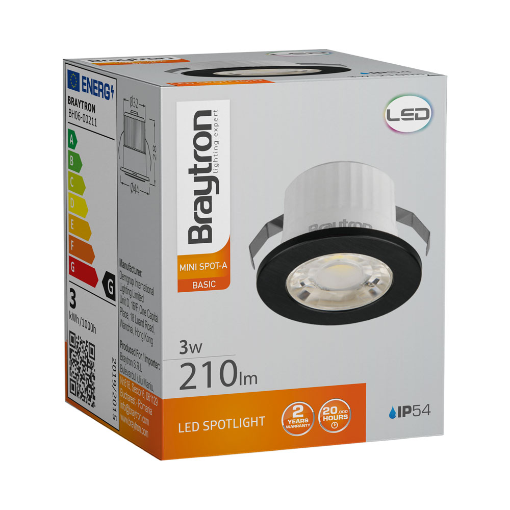 Χωνευτό MINISPOT Μαύρο 3W IP54 38D 6500K - Braytron
