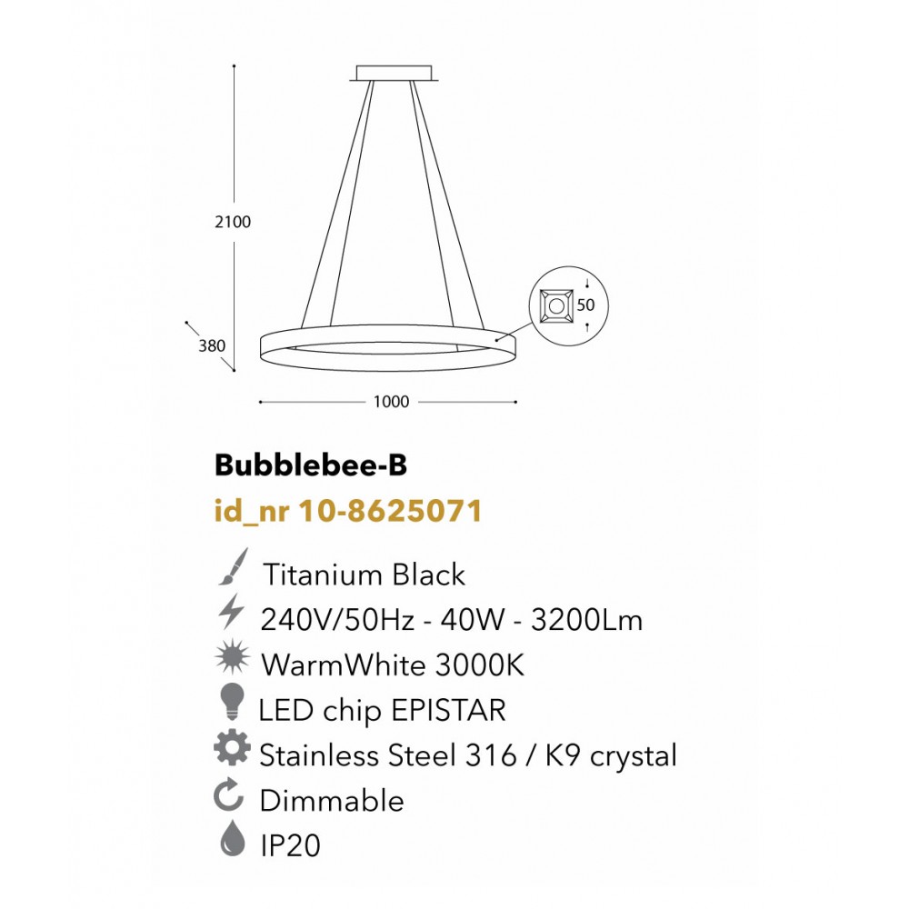 Led Κρεμαστό Φωτιστικό Μεταλλικό Μαύρο Με Κρύσταλλα 40W Dimmable Bubblebee-B LUCIDO