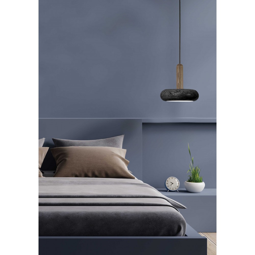 LED Κρεμαστό Φωτιστικό Από Ξύλο Και Πέτρα Σε Μαύρο Χρώμα 10W Dimmable Rocky-BK - LUCIDO