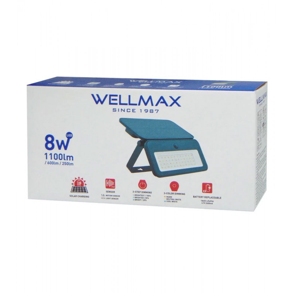 ΠΡΟΒΟΛΕΑΣ LED 8W 3.7V/2.6Ah 3000K/4000K/6500K ΜΕ SOLAR PANEL ΚΑΙ ΑΝΙΧΝΕΥΤΗ ΚΙΝΗΣΗΣ IP65 WELLMAX