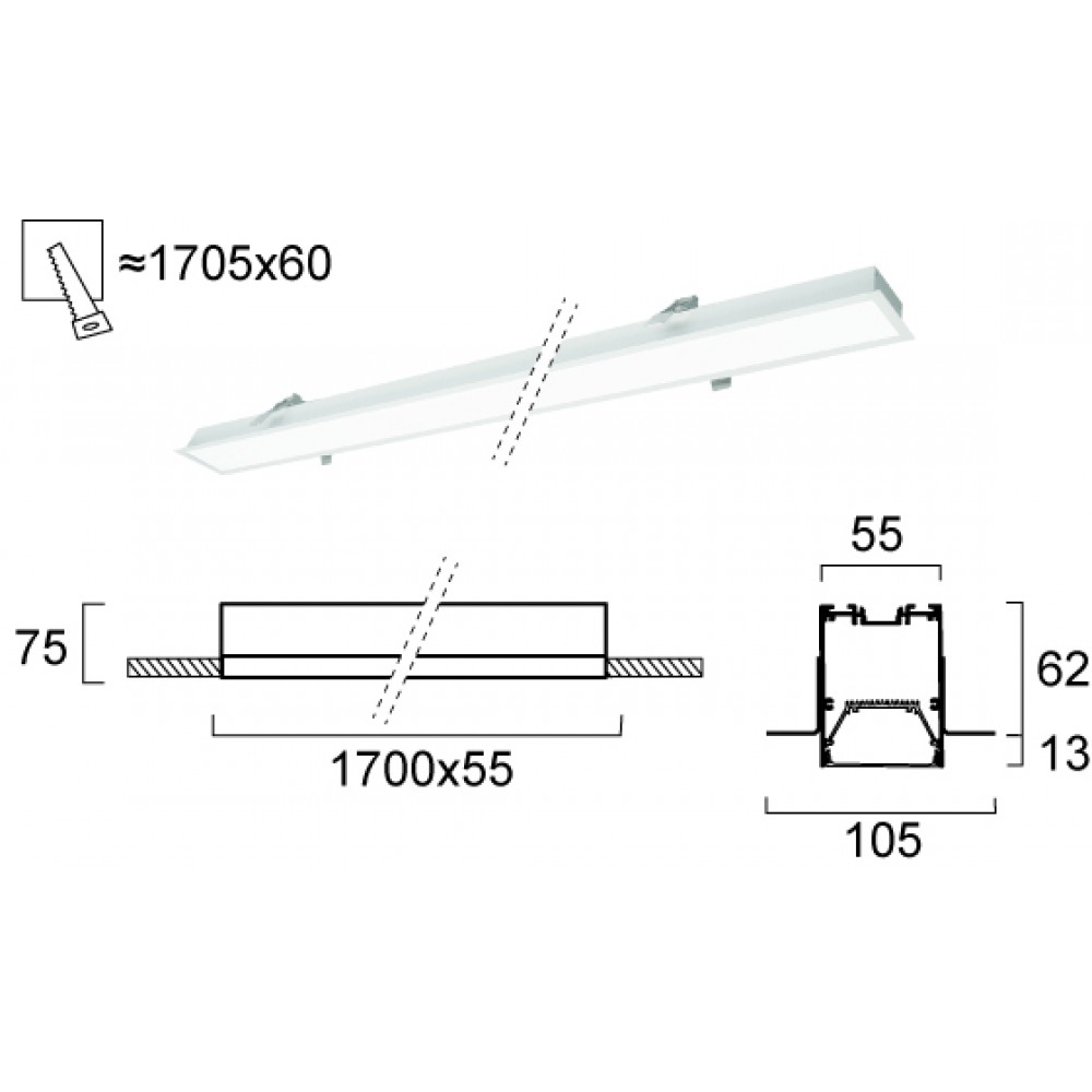 Γραμμικό Χωνευτό Trimless L1700 44W Station Ultra VIOKEF