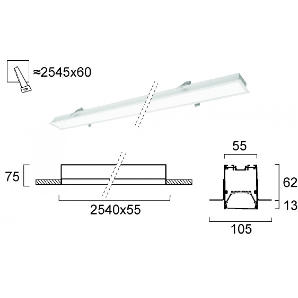 Γραμμικό Χωνευτό Trimless L2540 66W Station Ultra VIOKEF