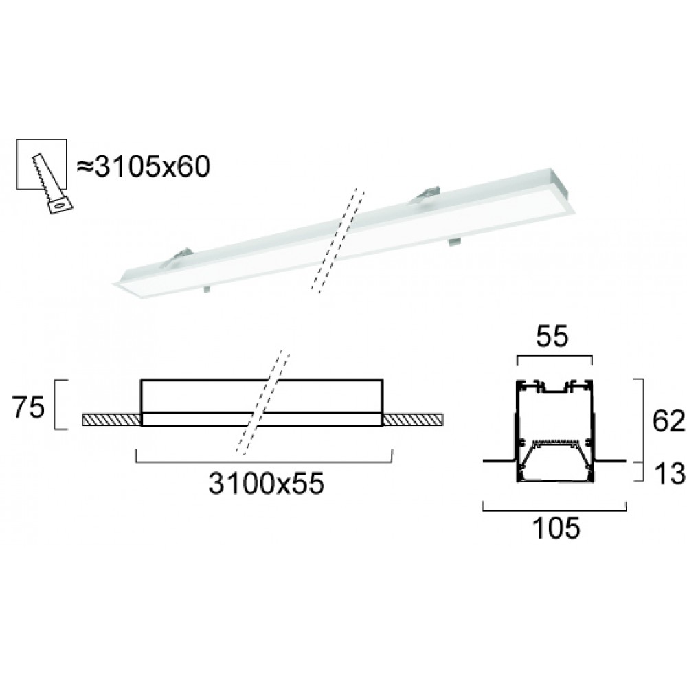 Γραμμικό Χωνευτό Trimless L3100 80W Station Ultra VIOKEF