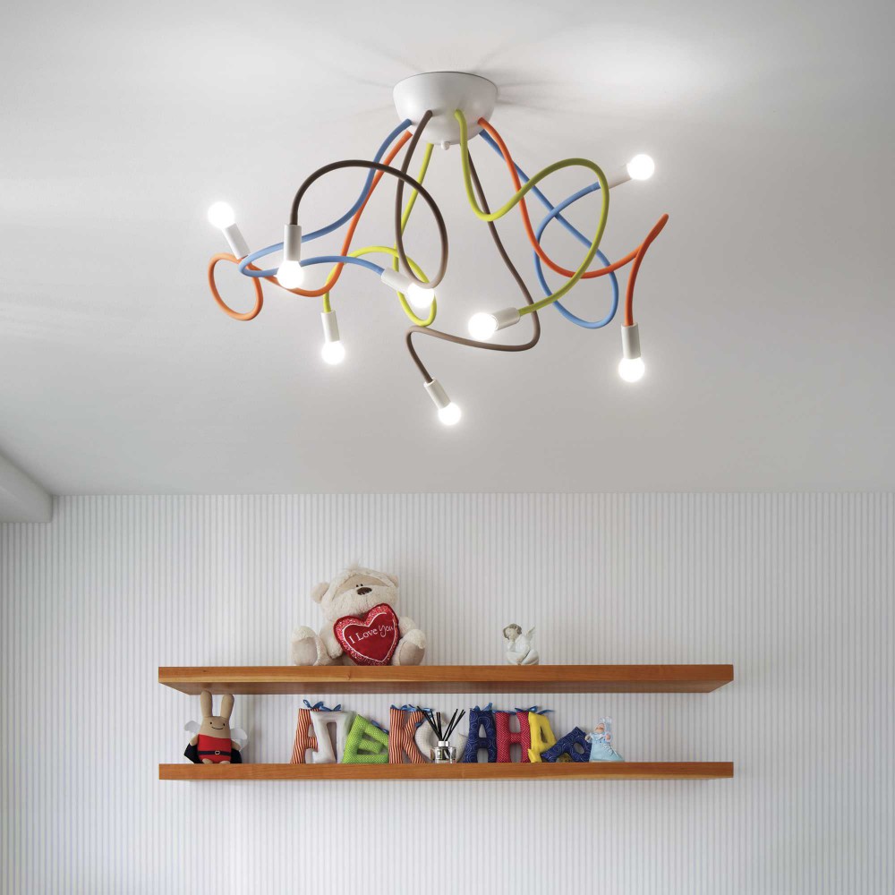 Mεταλλική Πλαφονιέρα Πολύχρωμη 8xE14 Multiflex pl8 - IDEAL LUX - Φωτιστικό οροφής με κομψό σχεδιασμό κατασκευασμένο από μεταλλική βάση σε λευκό ματ χρώμα και οκτώ εύκαμπτους βραχίονες καλυμμένους με καουτσούκ σε διάφορα χρώματα, που θα αποδώσουν μια μοντέ