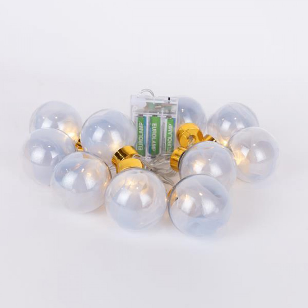 10 Χριστουγεννιάτικες Led Διακοσμητικές Μπάλες Με Ασημί Ύφασμα, Μπαταρίας Με Timer Και Διάφανο Καλώδιο-Θερμό Λευκό IP20