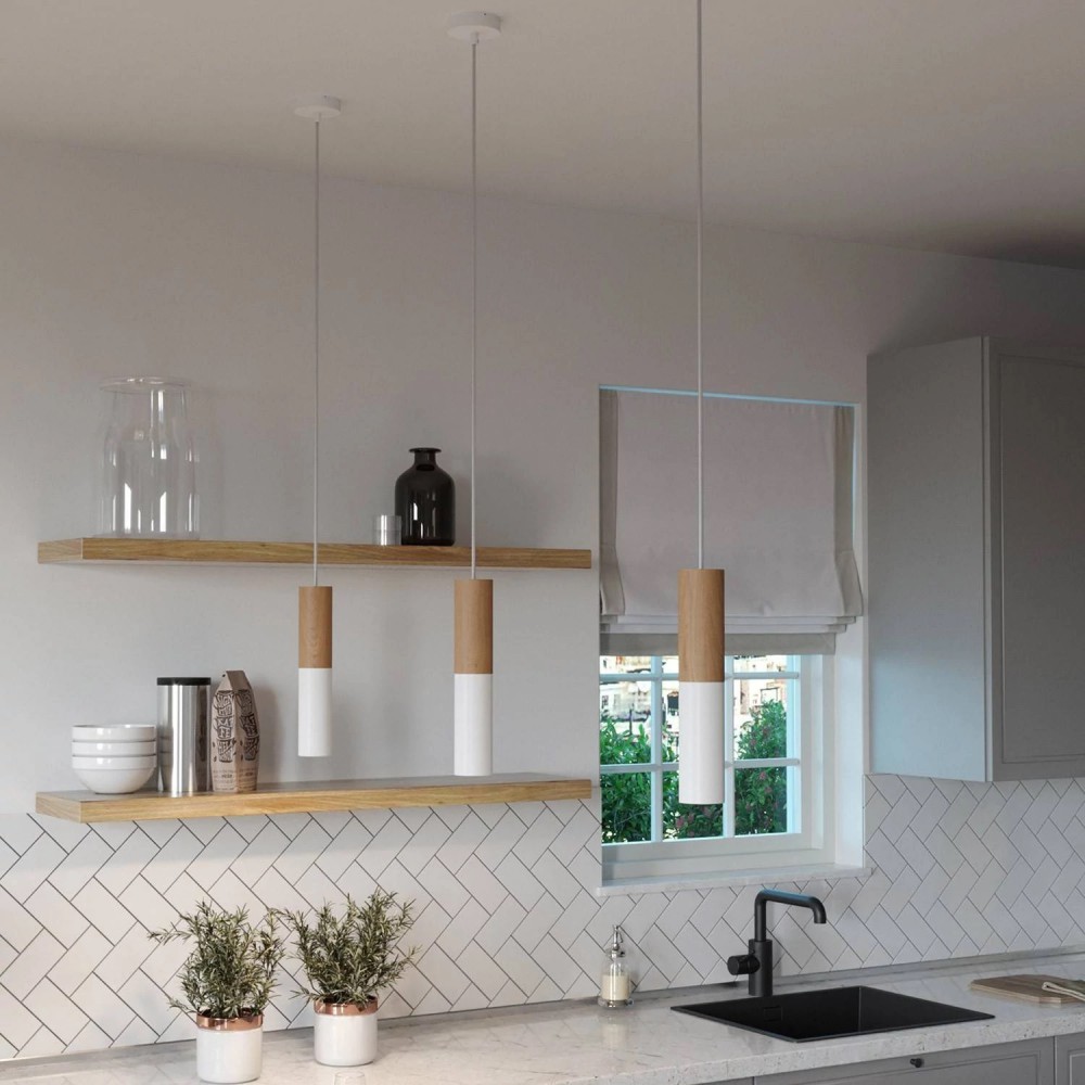 Κρεμαστό Φωτιστικό με υφασμάτινο καλώδιο και διπλό σωληνωτό καπέλο Tub-E14 Λευκό - Made in Italy - Creative Cables