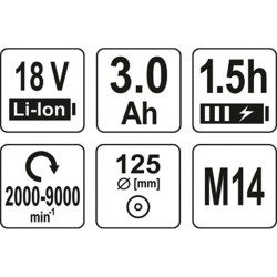 ΓΩΝΙΑΚΟΣ ΤΡΟΧΟΣ18V 125mm SET 1X3Ah BRUSHLESS YT-82829