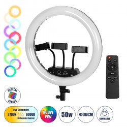 GloboStar® 75804 Professional Digital Ring Light Φ36cm LED SMD 50W 5000lm 180° AC 230V με Καλώδιο Τροφοδοσίας Πρίζας - Ασύρματο Χειριστήριο RF 2.4Ghz Εναλλαγής Χρωμάτων & 3 Βάσεις Τηλεφώνου - Πολύχρωμο RGBW+WW Dimmable