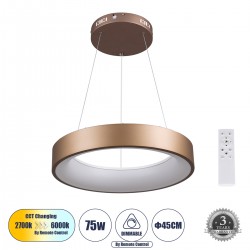 GloboStar® SALEM 61244 Κρεμαστή Πλαφονιέρα Οροφής Δαχτυλίδι-Κύκλος LED CCT 75W 8625lm 120° AC 220-240V - Εναλλαγή Φωτισμού μέσω Τηλεχειριστηρίου All In One Ψυχρό 6000k+Φυσικό 4500k+Θερμό 2700k Dimmable Φ45cm - Καφέ Χάλκινο - 3 Years Warranty