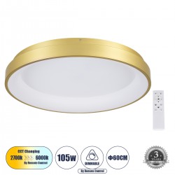 GloboStar® SALEM 61239 Πλαφονιέρα Οροφής Δαχτυλίδι-Κύκλος LED CCT 105W 12075lm 120° AC 220-240V - Εναλλαγή Φωτισμού μέσω Τηλεχειριστηρίου All In One Ψυχρό 6000k+Φυσικό 4500k+Θερμό 2700k Dimmable Φ60cm - Χρυσό Σαμπανιζέ - 3 Years Warranty