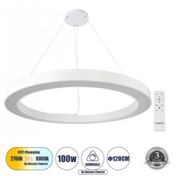 GloboStar® RA 61199 Κρεμαστό Φωτιστικό Δαχτυλίδι-Κύκλος LED CCT 100W 11020lm 120° AC 220-240V - Εναλλαγή Φωτισμού μέσω Τηλεχειριστηρίου All In One Ψυχρό 6000k+Φυσικό 4500k+Θερμό 2700k Dimmable Φ120cm - Λευκό - 3 Years Warranty